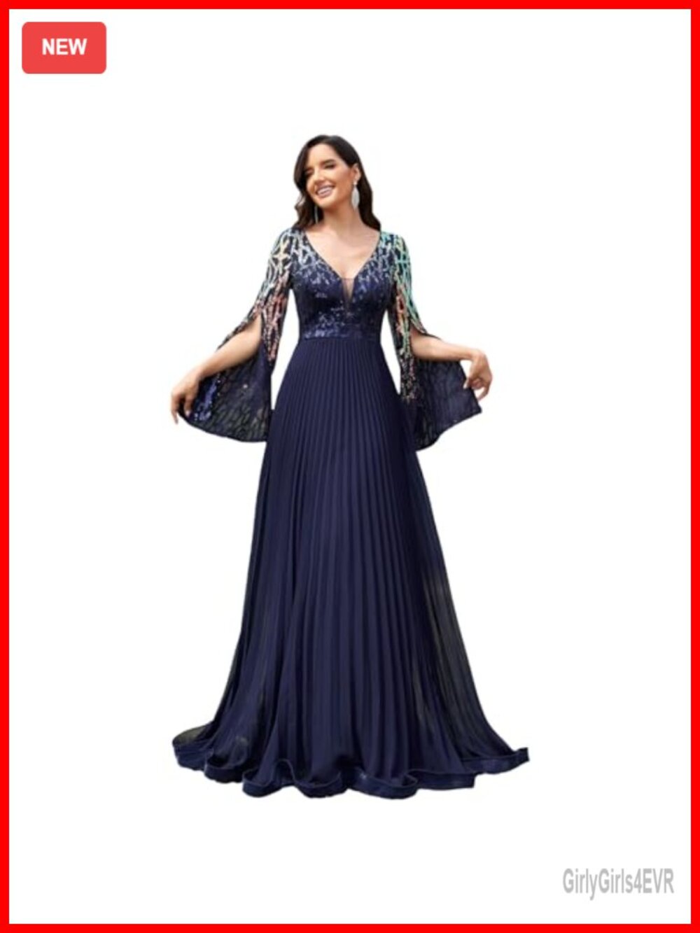 V-Neck Maxi Formal Evening Gown Split Sleeve Sequin Embroidery A-Line Prom Dress